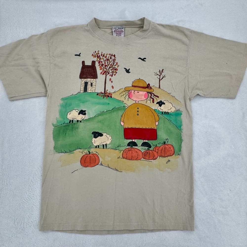 Vintage Pluma Tan Hand Painted T-Shirt Fall Folk Art Cottagecore Womens Medium